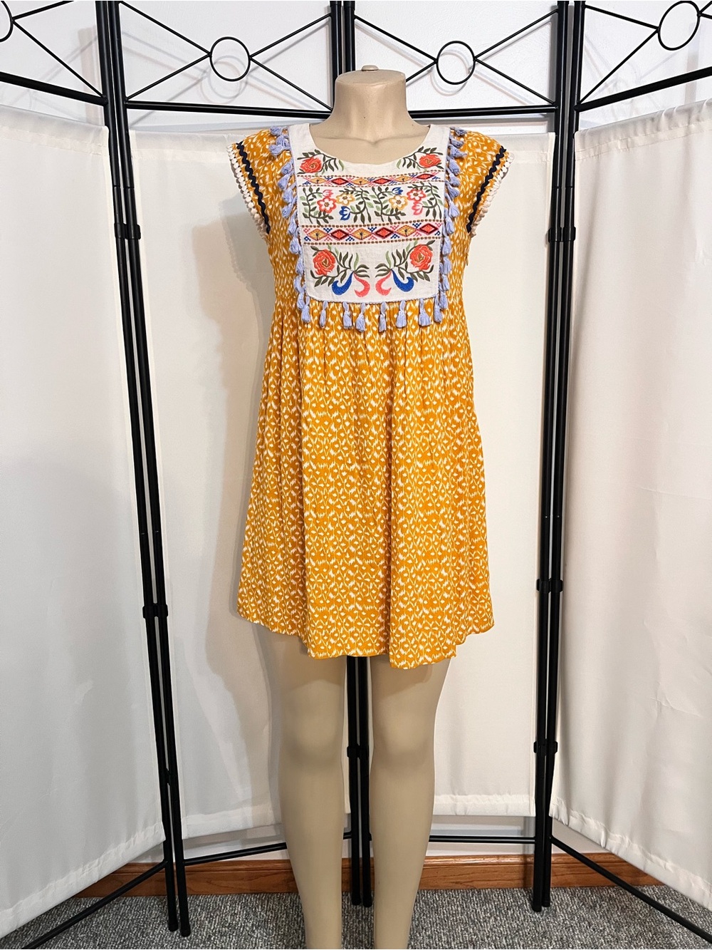 Embroidered Summer Dress by THML. Bib Sundress with Tassel Trim